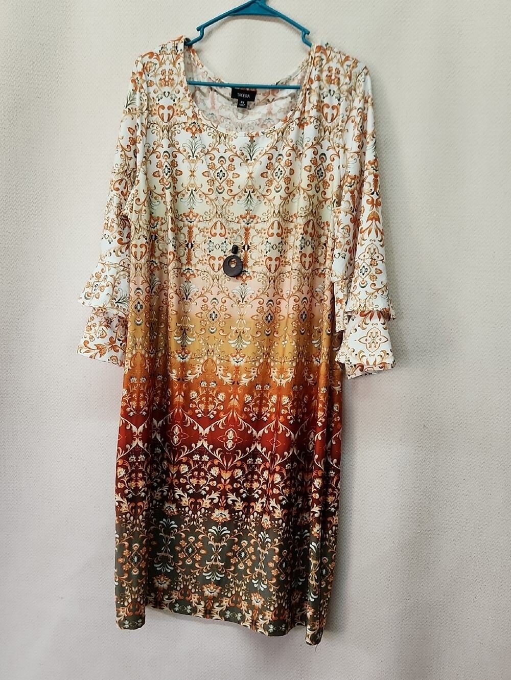 Tacera Ombre Floral Long Sleeve Midi Dress in Cream, Gold and Brown